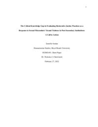 The Critical Knowledge Gap in Evaluating Restorative Justice Practices as a Response to Sexual Misconduct / Sexual Violence in Post-Secondary Institutions: A Call to Action